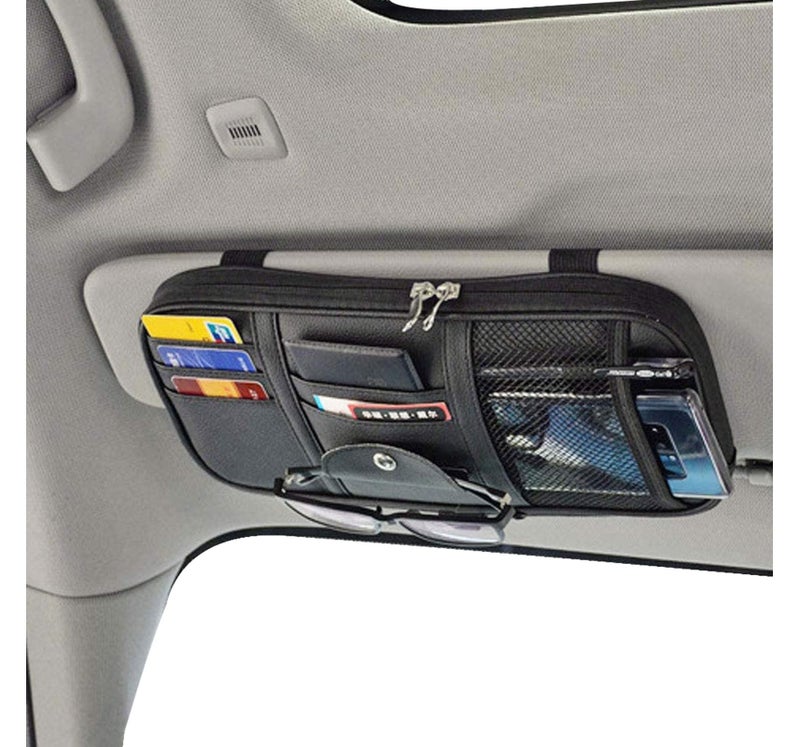 Da by Car Sun Visor Organizer  Multi-Pocket Visor Organizer Storage Pouch for Cars  SUVs & Trucks with Double Zippers  Elastic Bands & Glasses Clip - Organizes Essentials Keep Tidy (Black) - Image 1